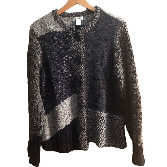 Orvis Women’s Large Gray Black Chunky Knit Abstract Cardigan Sweater Big Buttons - Picture 1 of 5